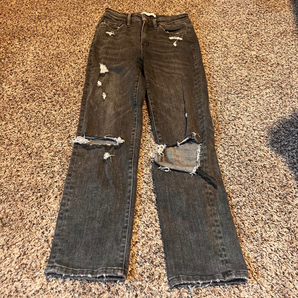 VERVET BLUE Women's Charcoal Black Distressed Ripped Straight Leg Jeans